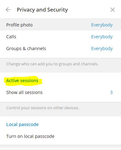 Telegram security and privacy setting: active sessions menu 