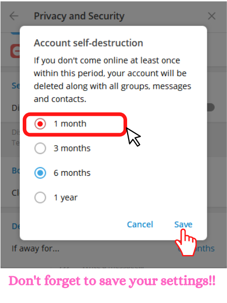 Telegram account self destruct