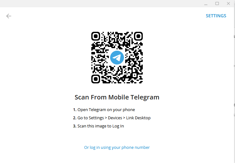 Log into your Telegram account; Telegram desktop
