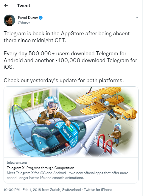 When Telegram was re-uploaded to Apple Appstore after removed on feb1, 2018 